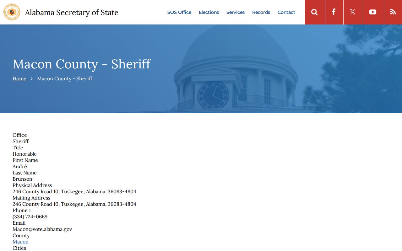 Alabama Secretary of State listing for the Macon County sheriff