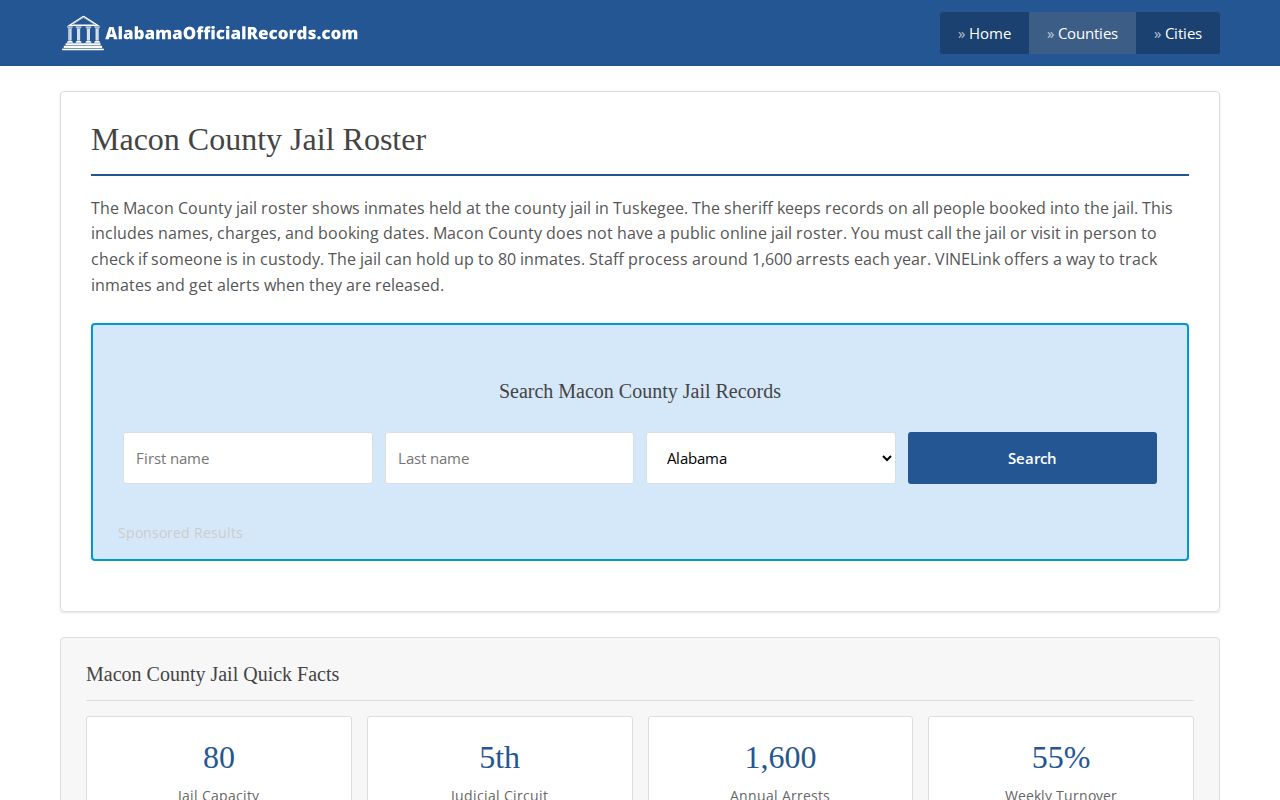 Directory notice describing the lack of a Macon County online jail roster