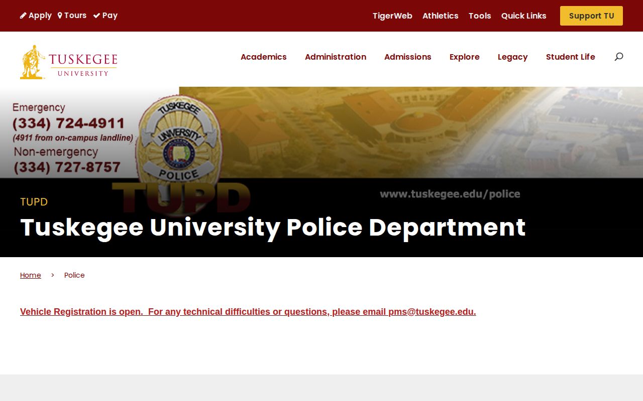 Tuskegee University Police page for Tuskegee arrest routing in Macon County
