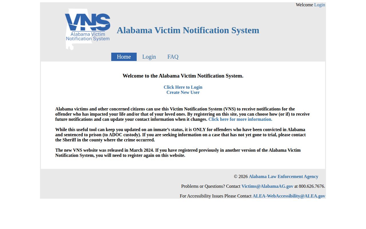 Alabama Victims Notification System page